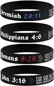 Sainstone 4-Pack Power of Faith Christian Bible Verse Silicone Bracelets - Jeremiah 29:11, John 3:16, Philippians 4:6, & Romans 8:28 - Religious Scriptures Wristbands Church Gifts, Adult for Men