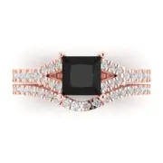 2 Princess Cut Natural Onyx Promise Bridal Ring Band set Curved 14k Rose Gold