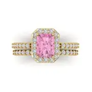 2.2ct Emerald Round Cut Halo Pink Stone Ring bridal Set 14k Yellow solid Gold