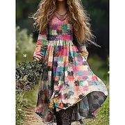 Women's Maxi Dress A Line Dress Vacation Casual Boho Going out Beach Loose Fit Floral Graphic Geometric Long Sleeve V Neck Pink Blue Orange Green Spring Fall