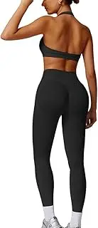[JN JANPRINT] Seamless Gym Sets for Women 2 Piece Halter Backless Sports Bras Hidden Scrunch Leggings Yoga Outfits Workout Tracksuit