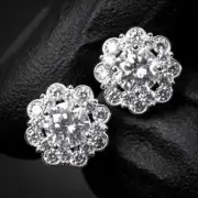 Brilliant Flower Cluster 925 Sterling Silver White Gold Round Halo Earrings