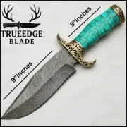 Custom Handmade Damascus Bowie Knife 14'' – Turquoise Handle & Brass Guard – Hun