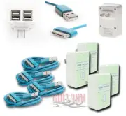 4X 4 USB PORT WALL ADAPTER+10FT CABLE POWER CHARGER AQUA FOR IPHONE 4S IPOD IPAD