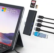 Surface Pro 7 Docking Station Hub, 7 in 2 Surface Pro 7 USB Adapter with Type-C 3.1[4K Display/60W/10Gbps Data]+Type-C 3.0+3 USB-A 3.0+TF/SD Card Slot, Surface Accessories Adapter for Surface Pro 7/7+