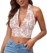 [Rooscier] Women's Deep V Neck Halter Tie Back Sleeveless Backless Cami Crop Top