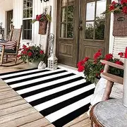 Black and White Area Rug 35.4 x 59 Inches Striped Front Door Rug Front Porch Rug Hand-Woven Machine Washable Indoor/Outdoor Layered Door Mats for Entryway/Bedroom/Outdoor