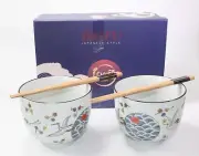 Quality Japanese Dinnerware Set White Crane Porcelain Bowls w Chopsticks Utensil