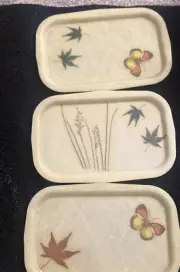 3 Vintage Fiberglass Lucite Serving Trays Butterfly, Fern Leaves, Gold Confetti