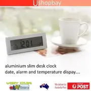 Digital Snooze Alarm LCD Aluminum Cased Office Desk Clock Calendar Temperature