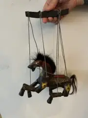 Vintage Folk Art Hand Made Painted Wooden Horse Marionette String Puppet