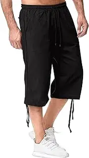 [JEShifangjiusu] Men's Causual 3/4 Long Cotton Shorts Drawstring Elastic Waist Cargo Straight Shorts Wide Leg Baggy Pants, Black B1, M