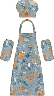 AIXIWAWA Kids Apron Chef Hat Set, Child Kitchen Bib Aprons Adjustable for Cooking Baking Painting (Winter Birds)