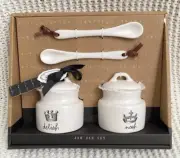 Rae Dunn Crown Jam Jar Set Magenta Delish & Nosh Lids with 2 Serving Spoons NEW