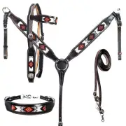western Leather Equestrian Tooled Beaded Headstall,Breast Collar & Reins. (H058)