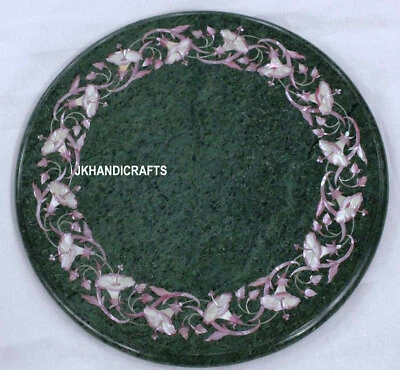 12" Green marble side Table Top inlaid semi precious stones art handicraft work
