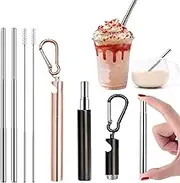 2 Pack Collapsible Telescopic Reusable Straw, Beer Opener Function Foldable Metal Straw Stainless Steel Drinking Straws with Case & Key Chain & Cleaner Brush