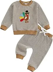 [KtwHarnu] Toddler Baby Boy Girl Thanksgiving Outfit Turkey Embroidery Striped Waffle Knit Long Sleeve Sweatshirt and Pants Set