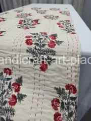 Unique Floral Kantha Hand Block Print Handmade King Size Bedspread Quilt 90x108