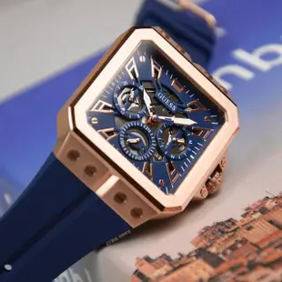 【GUESS】玫瑰金框 藍面 三眼日期顯示 鏤空方形錶盤 藍色矽膠錶帶 手錶 男錶 母親節(GW0637G3)