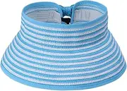 [COMVIP] Adults Stripes Wide Brim Straw Foldable Summer Visor Sun Hat Blue