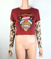 Ed Hardy Love Runs Wild Tiger Head Cropped Mesh Long Sleeve Top Junior L