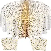 VitalCozy 6 Pcs Round Gold Polka Dots Tablecloth 84 Inch Plastic Table Cover Waterproof Confetti Table Cloth for Wedding Valentine‘s Day Easter Birthday Party Decor (White and Gold)