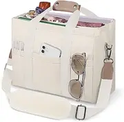 [JIECH] Canvas Tote Bag with Multi Pockets Crossbody Tote Bag for Women Trendy Shoulder Handbag Everything Tote Bag with Compartments