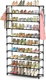 [LANTEFUL] 10 Tiers Shoe Rack 50 Pairs Large Capacity Tall Shoe Organizer Sturdy Shoe Storage with Two Hooks Space Saving Metal Wide Shoe Rack for Closet, Entryway, Bedroom, Black