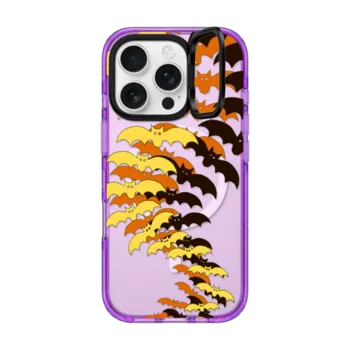 iPhone 16 Pro Impact Ring Stand Case MagSafe Compatible GONE BATTY 3, HALLOWEEN BATS SPOOKY ORANGE YELLOW BLACK SCARY CREEPY TRANSPARENT