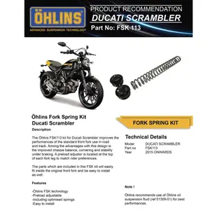 《OHLINS》FSK113前叉彈簧套件Ducati  Scrambler 2015-2017