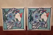 2001 Diane Artware Fine Arts CERAMIC Wall Tile/Trivet Blue Flower Fish -Tina