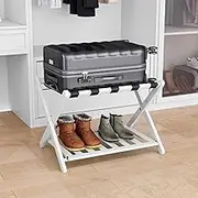 Smart FENDEE Fully Assembled White Bamboo Luggage Rack, 5 Straps Folding Suitcase Stand with Shoe Shelf, Heavy Duty Wood Large Luggage Holders for Guest Room, Bedroom, Hotel