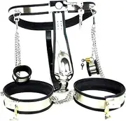 SAHOOSAFETY Chastity Belt Two-Piece Set Stainless Steel Chastity Bondage Belt Restraint Lockable BDSM Handcuffs Thigh Ring Panty Chastity Cage Cage Set Sex Toy for Men and Women(White,140cm/150cm)
