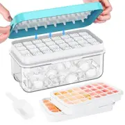 Ice Cube Tray with Lid and Bin, PHINOX 64 pcs Ice Trays for 2-tier Blue