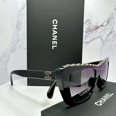 New CHANEL Polarized Sunglasses CH5540 C622/S8 Black Gold CC Top Chain Cat Eye