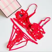 36DD XL Victoria’s Secret red harness bra set string bikini embroidered panties