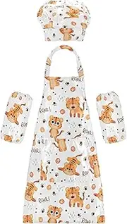 AIXIWAWA Kids Apron Chef Hat Set, Child Kitchen Bib Aprons Adjustable for Cooking Baking Painting (Cute Roar Tiger)