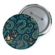 Custom Pin Button Badge Paisley Sea Serpent Nautical Pattern
