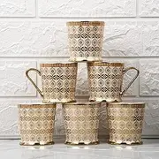 Femora Traditional Circles with Leaves Pattern Fine Bone China Golden Tea Mugs, Ceramic Tea Cups, Coffee Mugs (180 ml, Golden) - 6 Pcs Set