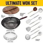 12 in Carbon Steel Wok Flat Bottom with Wooden Lid & Cooking Utensils Non-Stick