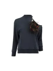 Black One Shoulder Fur Charm Sweater