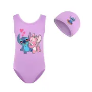 Lilo & Stitch Kids Girls Cartoon One Piece Swimsuit Swimwear Swimmingwith Swim Cap for Summer Beach Holiday Pool Surf Purple 13-14Years