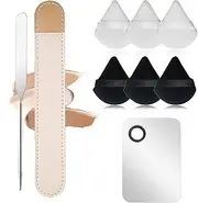 Makeup Spatula,Korean Spatula Makeup Stainless Steel Makeup Spatula and Palette Set,Professional Foundation Spatula Facial Cosmetic Makeup Tool (6 Powder Puff +1Spatula+1 Rectangle Palette).