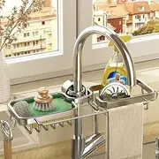 Bathroom Shower Kitchen Laundry Tap Caddy Shelf Organiser Rack Storage Holder,Kitchen Dish Sponge Holder Faucet Caddy Shower Rod Soap Basket Washing Ball Hanger Chrome One Piece Dual Holder