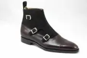 Handmade Triple monk two tone SUEDE & LEATHER boots, Men ankle high leather shoe