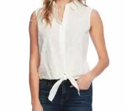 $115 Vince Camuto Women's White Eyelet Button-Down Tie-Front Blouse Top Size XS