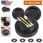 150PCS Elegant Black Plates & Gold Silverware Set for Parties & Events