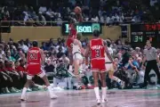 Michael Jordan Chicago Bulls shoots a jump shot v Larry Bird Bosto- Old Photo