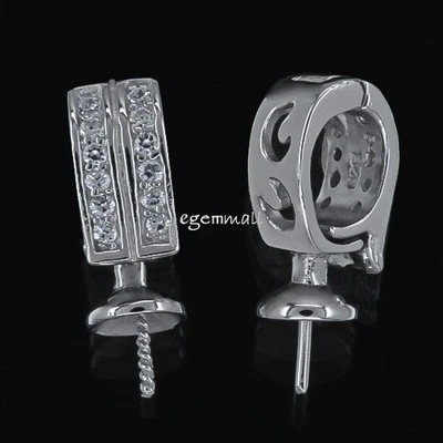 1PC Fine Sterling Silver CZ Glue In Pearl Cup Pendant Bail Hinged Clasp #97421